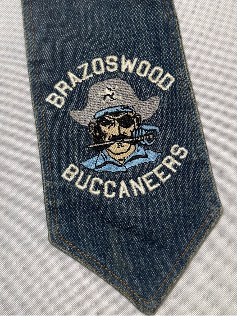 Vintage Bay City Link Denim Necktie Brazoswood Buccaneers Texas Embroidered Tie